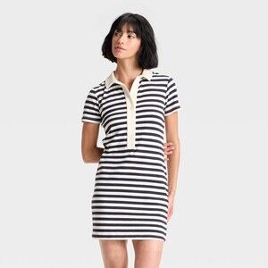 Navy Striped Short Sleeve Knit Shirtdress